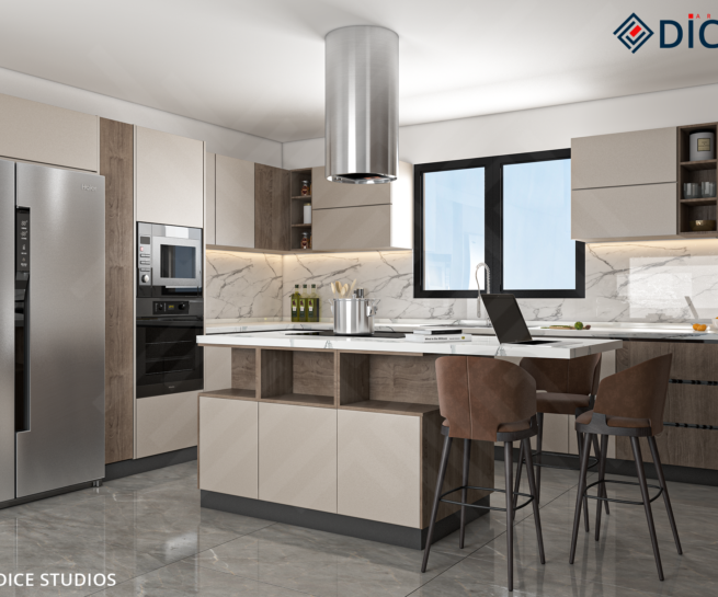 Modern minimalist kitchen design by DICE ARCHI featuring beige cabinets and a marble island.