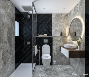 Modern bathroom design by DICE ARCHI featuring grey stone tiles and black marble shower wall.