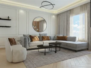 Render of a living room featuring a grey sectional sofa and classic wall moldings.