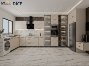 Modern luxury kitchen design by DICE ARCHI with gold handles and marble floor.