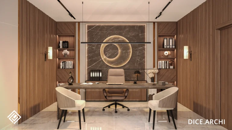 Perspective view of a Modern Executive Office Design featuring a dark marble desk, circular wall light, and wood paneling