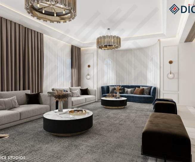 Modern Luxury Living Room featuring a curved blue velvet sofa and gold chandelier.