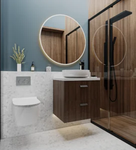 Modern bathroom design featuring a blue wall, floating wood vanity, and walk-in shower.
