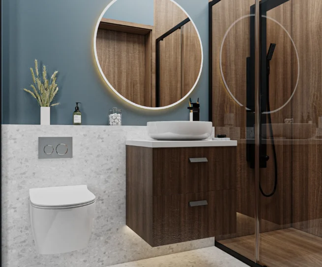 Modern bathroom design featuring a blue wall, floating wood vanity, and walk-in shower.