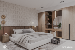 alt="Chambre moderne design avec un mur texturé et un éclairage doux"