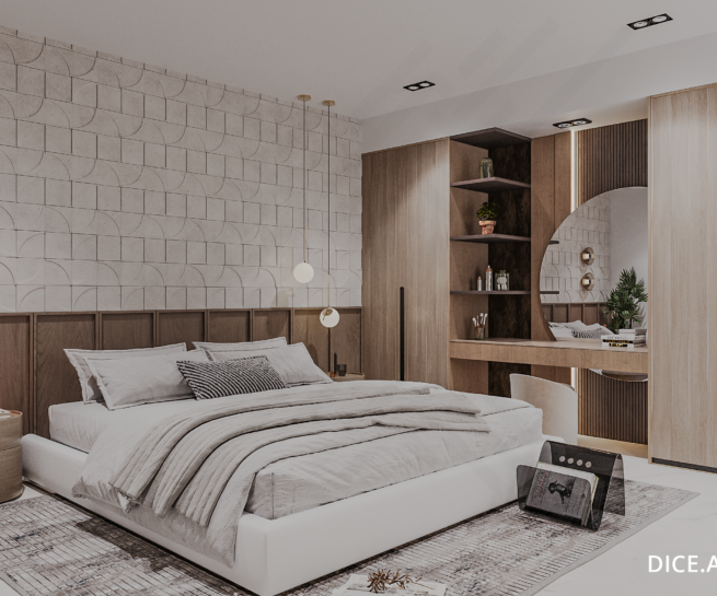 alt="Chambre moderne design avec un mur texturé et un éclairage doux"