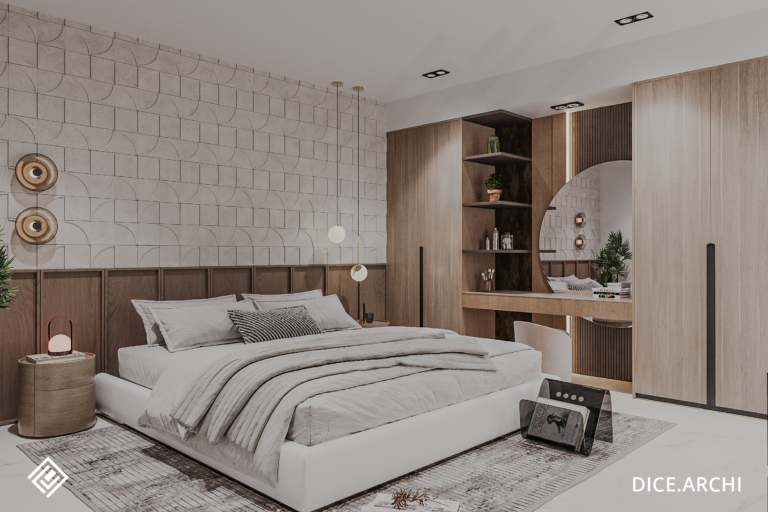 alt="Chambre moderne design avec un mur texturé et un éclairage doux"