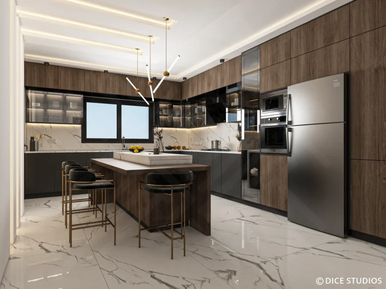 Perspective view of a Contemporary Wood Kitchen Design featuring dark wood cabinets, a marble island, and gold pendant lighting.