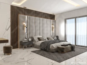 Perspective view of a Luxury Master Bedroom Design featuring a tall upholstered headboard, wood slats, and marble flooring.