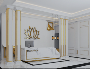 alt="Intérieur d'une académie de parfum moderne avec plafond ondulé"