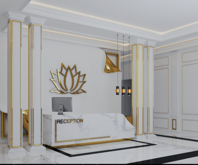 alt="Intérieur d'une académie de parfum moderne avec plafond ondulé"