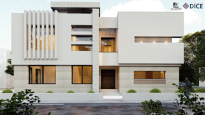 alt="Vue extérieure d'une villa résidentielle moderne avec volumes blancs"