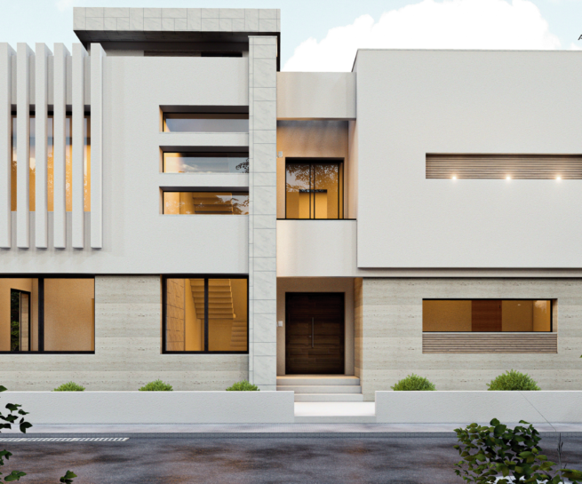 alt="Vue extérieure d'une villa résidentielle moderne avec volumes blancs"