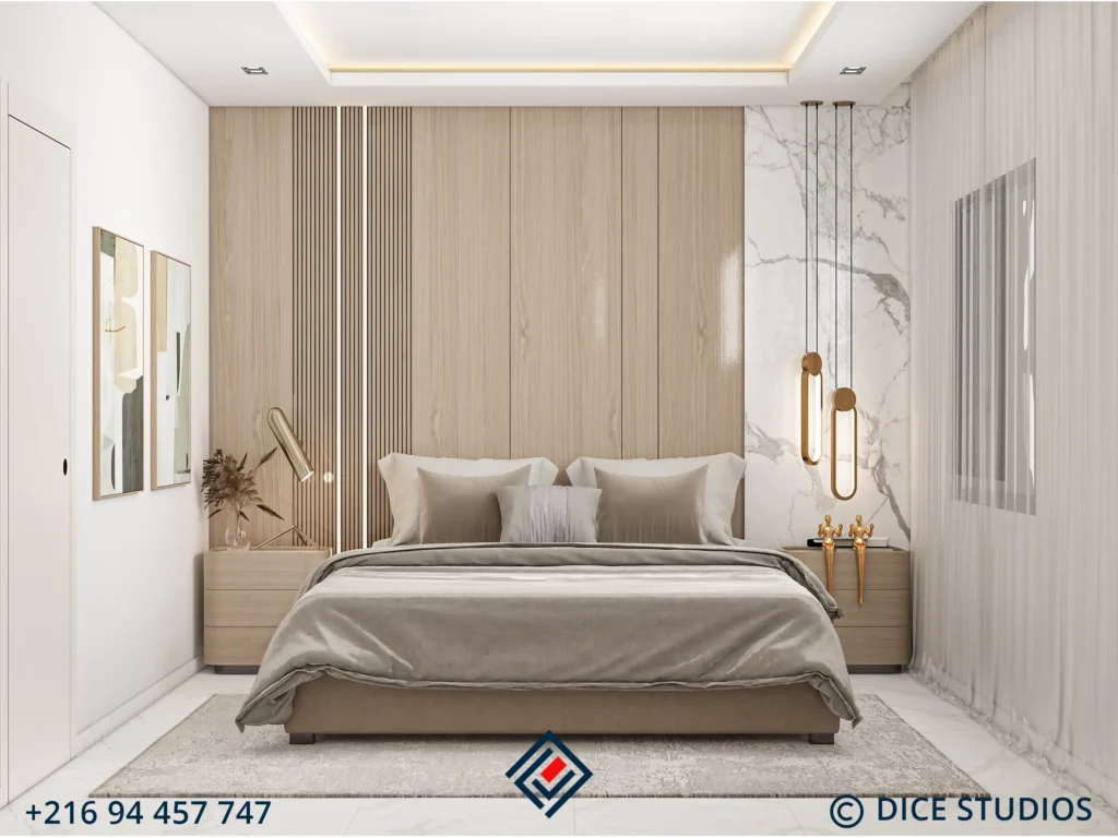 Front view of a Modern Beige Master Bedroom featuring a wood slat headboard and marble accent wall.