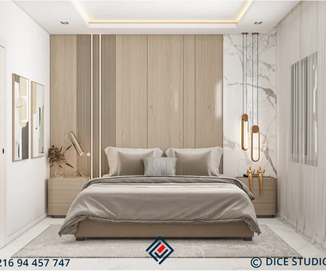 Front view of a Modern Beige Master Bedroom featuring a wood slat headboard and marble accent wall.