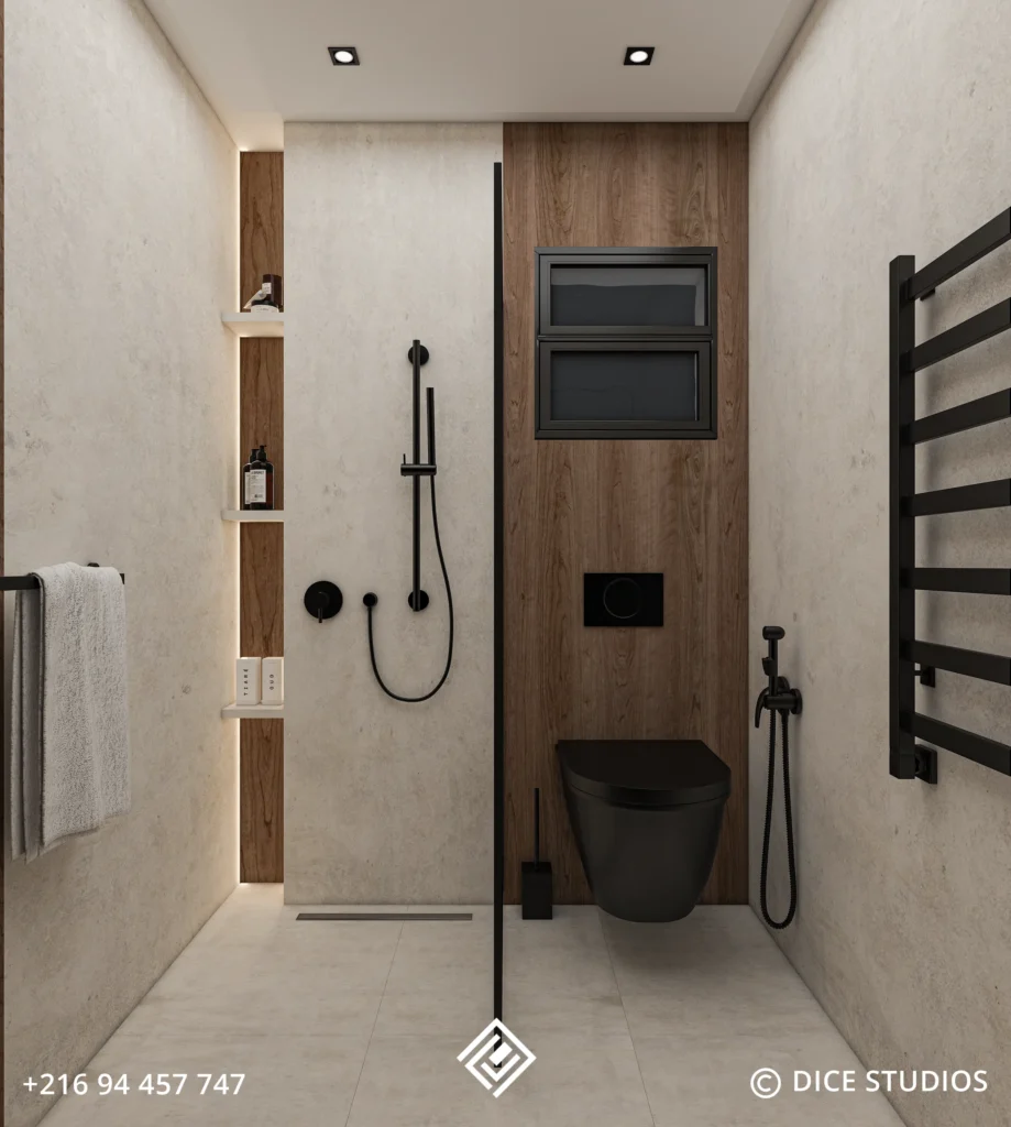 Walk-in shower and toilet in a Modern Beige Bathroom Design with black fixtures and wood wall paneling.