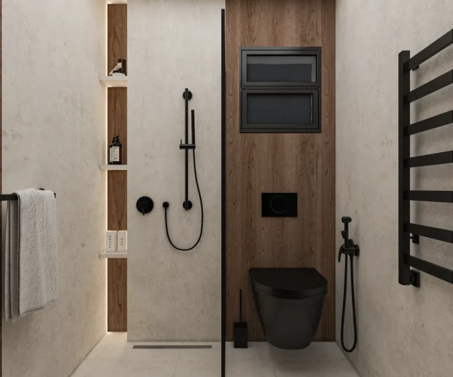 Walk-in shower and toilet in a Modern Beige Bathroom Design with black fixtures and wood wall paneling.