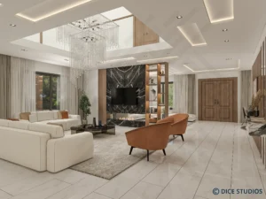 Wide view of a Luxury Open Plan Living Design featuring a double-height ceiling and crystal chandelier.