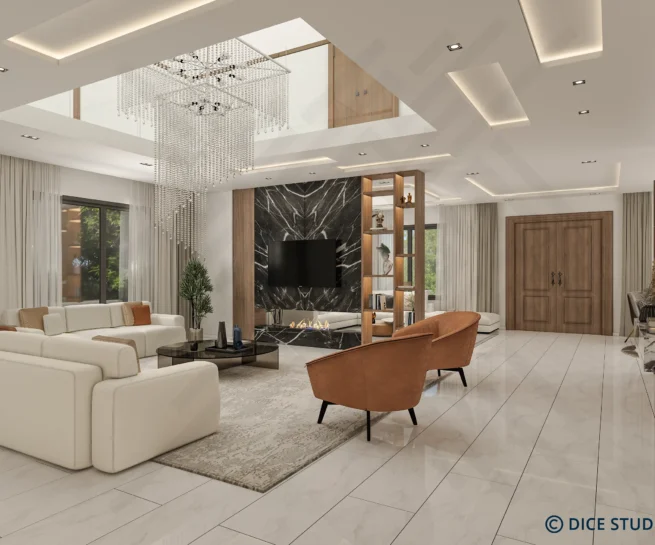 Wide view of a Luxury Open Plan Living Design featuring a double-height ceiling and crystal chandelier.