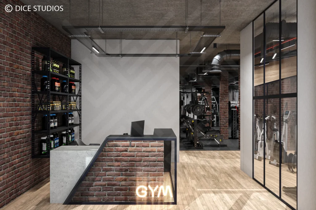 Perspective view of an Industrial Gym Design featuring exposed brick columns, black ceiling pipes, and gym equipment.