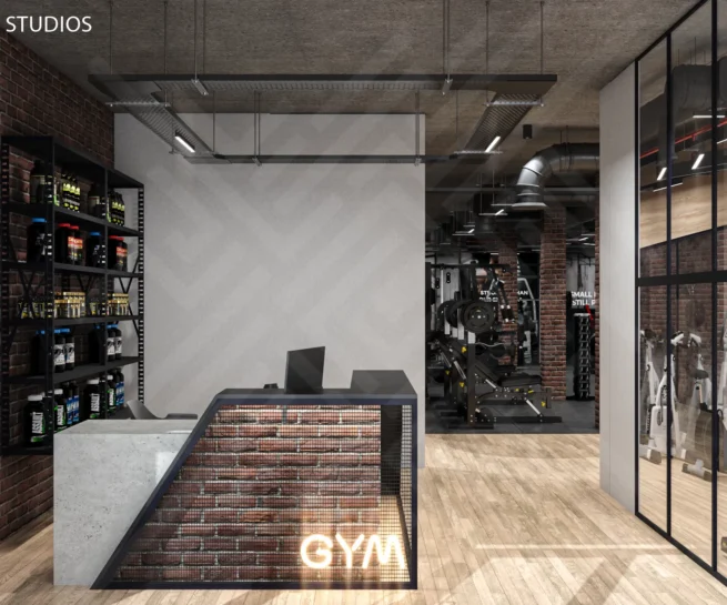 Perspective view of an Industrial Gym Design featuring exposed brick columns, black ceiling pipes, and gym equipment.