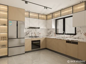 Perspective view of a Bright Minimalist Kitchen Design with light wood cabinets, white uppers, and a marble backsplash.