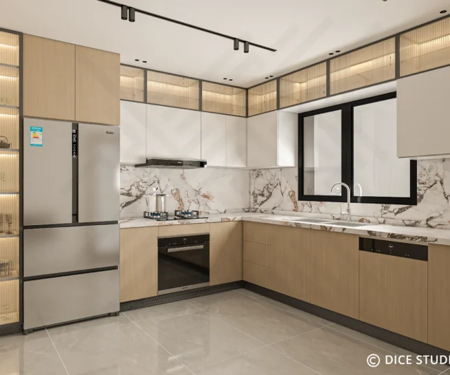 Perspective view of a Bright Minimalist Kitchen Design with light wood cabinets, white uppers, and a marble backsplash.